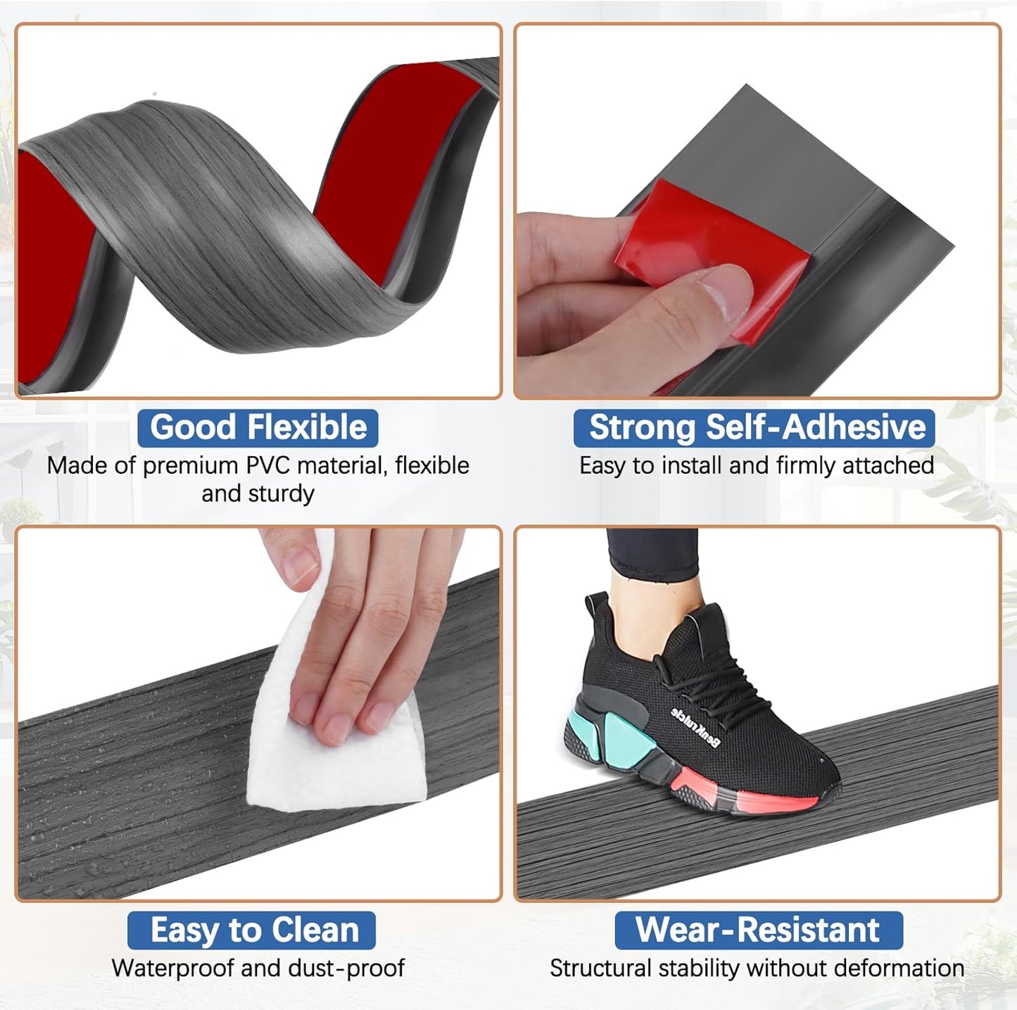 Vinyl Door Threshold Flooring Transition Strip Self Adhesive Carpet Edging Strip for Laminate Doorway Edge Threshold from 3/5" to 4/5" (Dark Gray Wood Grain, 3.3 Ft)