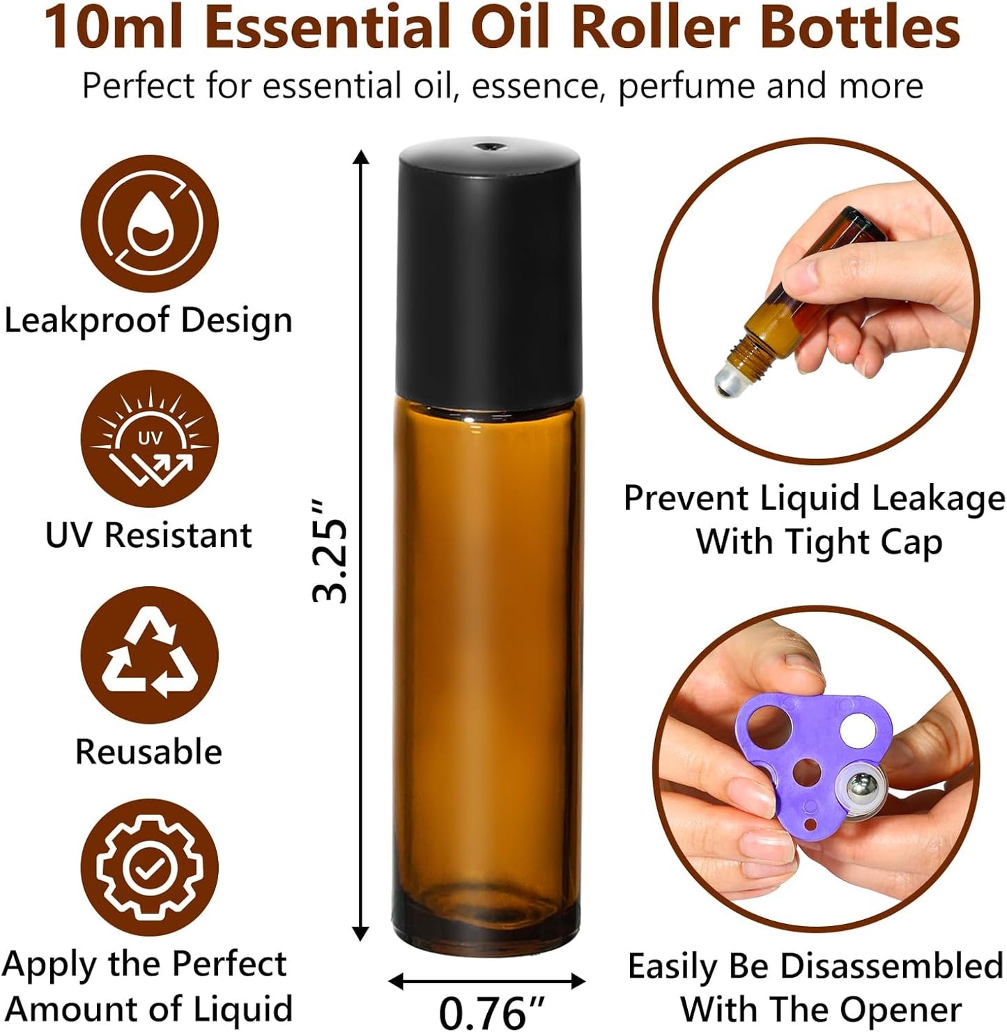 KEYWING 54 Pack Empty Essential Oil Roller Bottles – 10ml Amber Glass Roll-On Bottles with Stainless Steel Roller Balls & Caps, Refillable Perfume Containers for DIY & Travel
