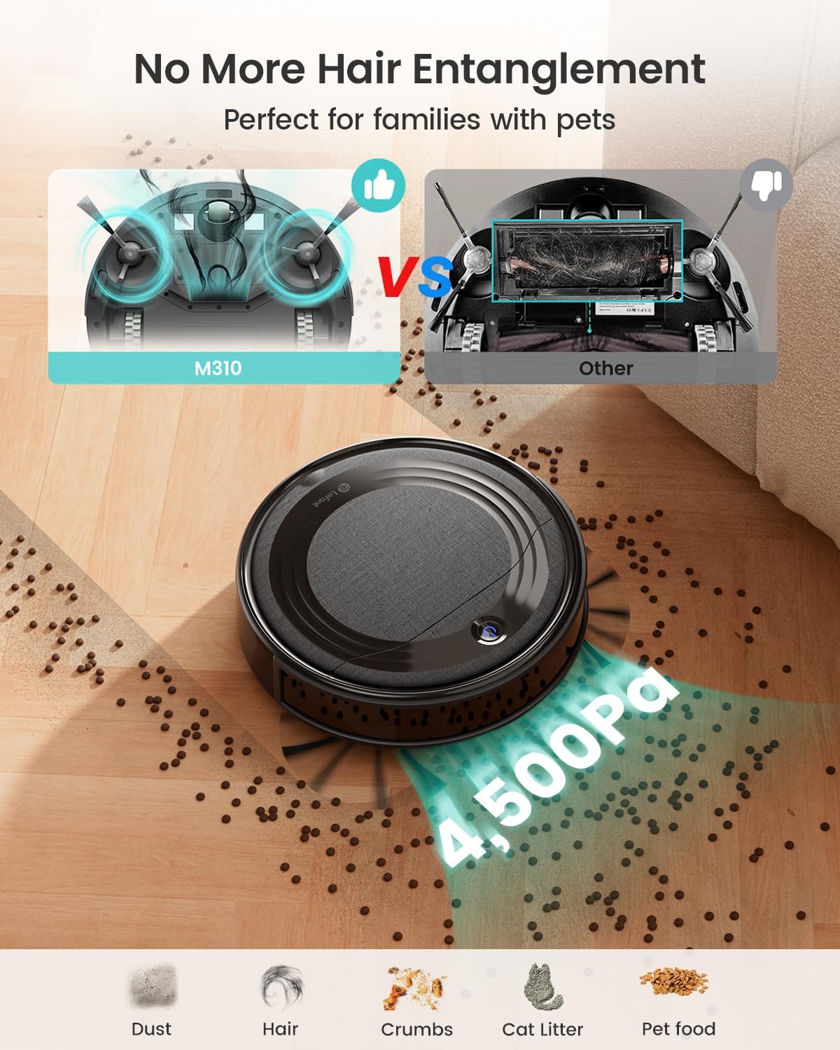 Lefant M310 Robot Vacuum Cleaner, 4500Pa Powerful Suction, PreciSense Obstacle Avoidance, Mini, Quite, 160 Mins Self-Charging Robotic Vacuums, App/Voice/Remote, Ideal for Pet Hair Hard Floors, Black