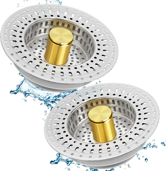 Upgraded 3 in 1 Kitchen Sink Drain Strainer - Stainless Steel Sink Stopper, Anti-Clogging Sink Food Catcher Basket, Fast Drainage Odor Filter Sink Plug(golden-2pcs)