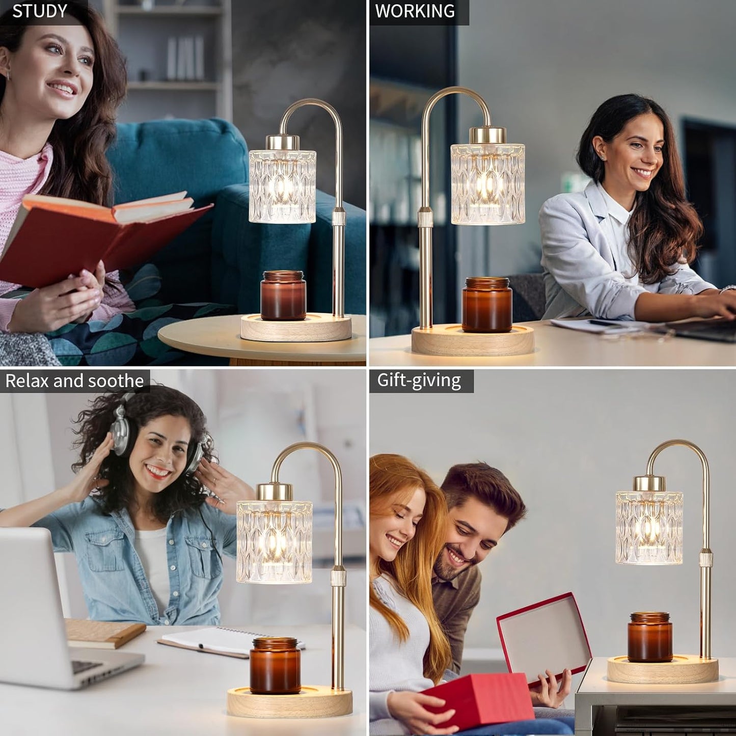 Gold Candle Warmer Lamp with Dimmer and Timer,Home Decor Lamp for Scented Jar,Electric Wax Melt Warmer,Mother's Day/Birthday/Christmas Gifts for Mom/Wife,Adjustable Height,with 2 Bulbs