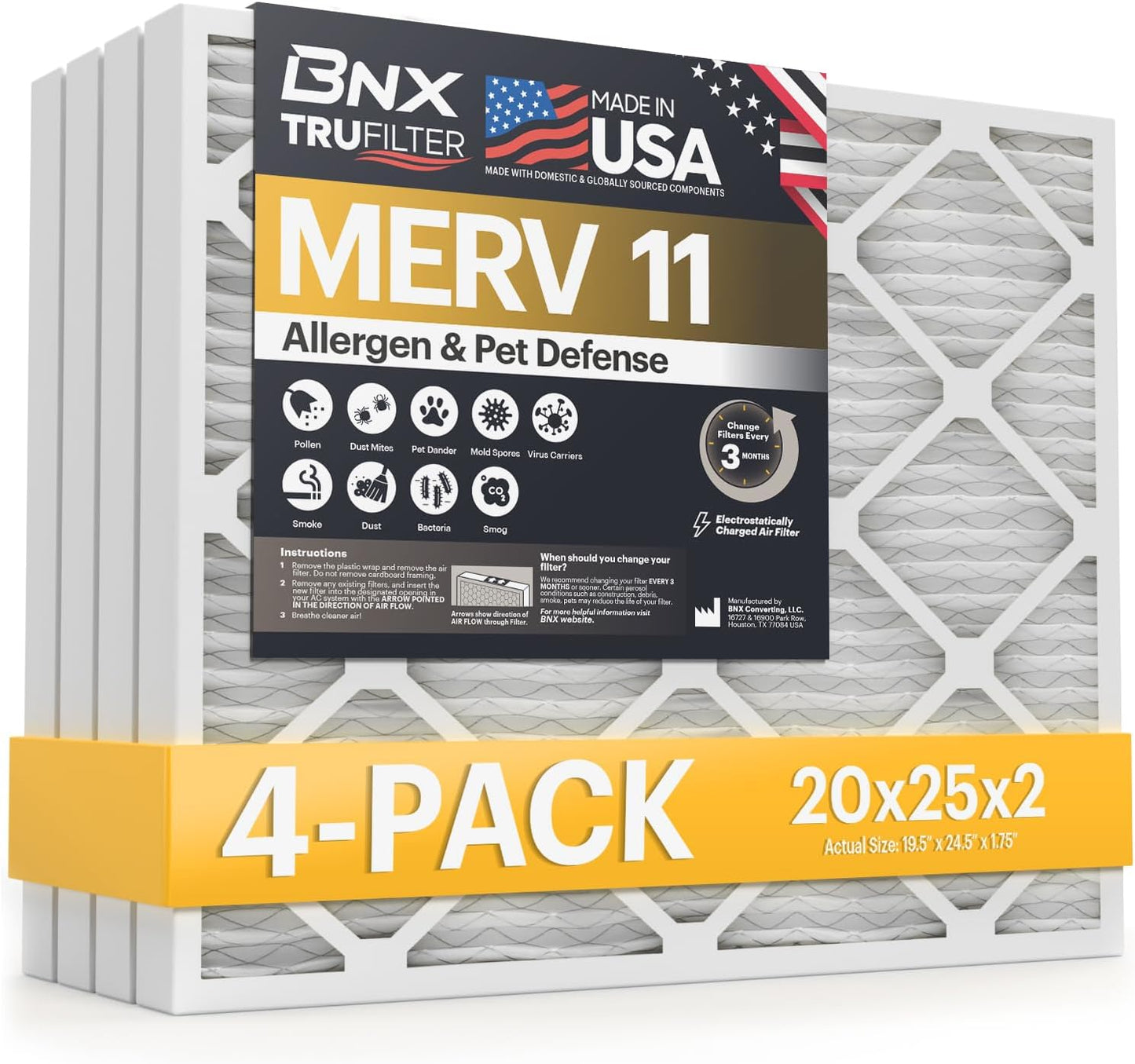 BNX TruFilter 20x25x2 Air Filter MERV 11 (4-Pack) - MADE IN USA - Allergen Defense Electrostatic Pleated Air Conditioner HVAC AC Furnace Filters for Allergies, Dust, Pet, Smoke, Allergy MPR 1200 FPR 7