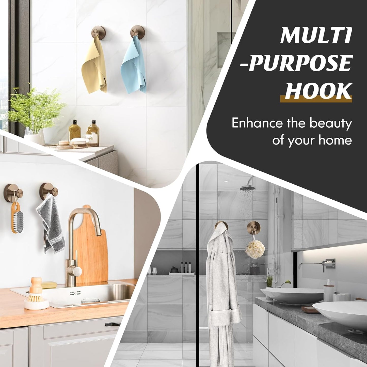 Suction Cup Hooks for Shower,4Pcs Shower Towel Suction Hooks,No Drill Towel Hooks for Bathroom Wall,Kitchen,Glass,Mirror,Tile to Hang Towels,Robes,Loofah-Champagne Bronze