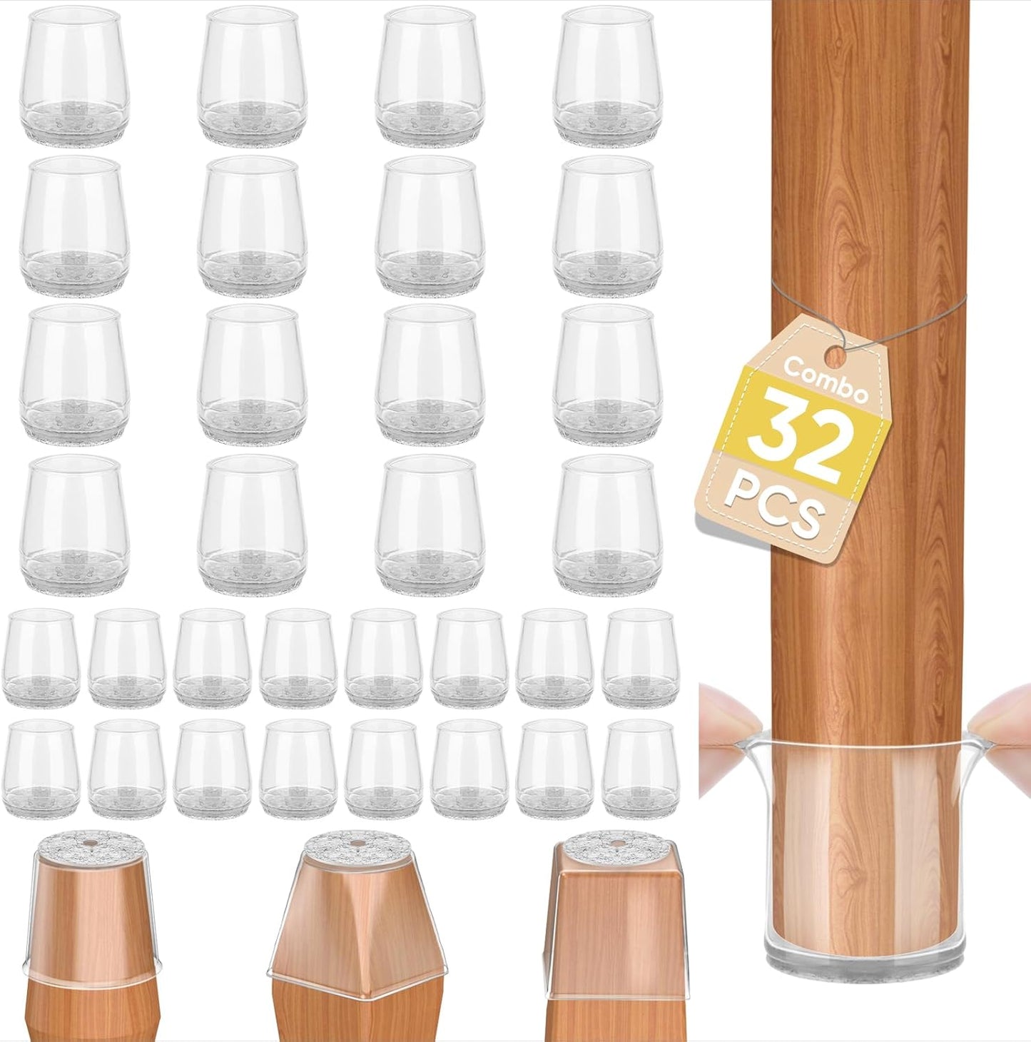 BALEINE 32 Pack Silicone Chair Leg Floor Protectors, Stool Leg Protectors Cap, Non-Slip Chair Leg Caps for Hardwood Floors (Clear Combo 32 Pack)