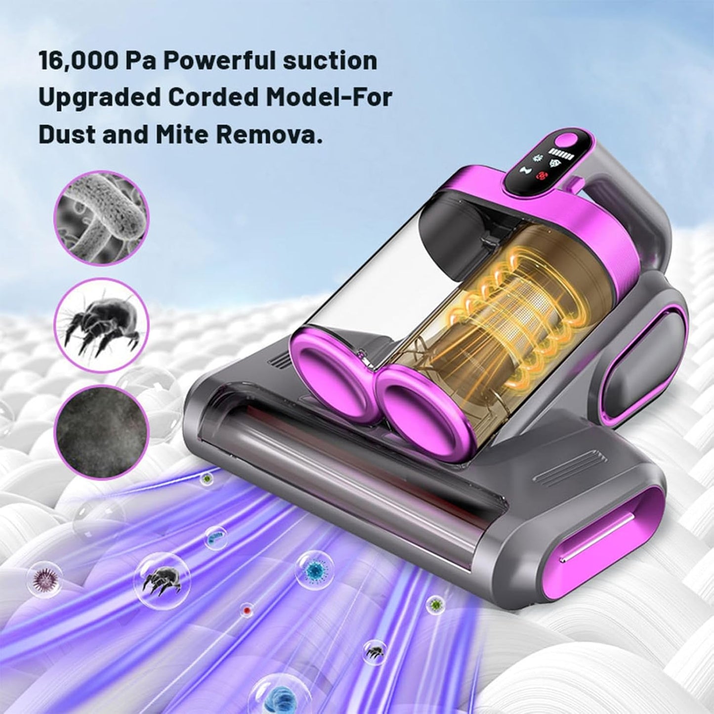 Bed Vacuum Cleaner, 16Kpa Mattress Vacuum Cleaner with 253.7nm UV-C Light 48000 RPM/Min Brushroll & Ultrasonic Tech Dual Bins for Dust & Widen Suction Port 120W Cordless for Bed Sofa(Purple)