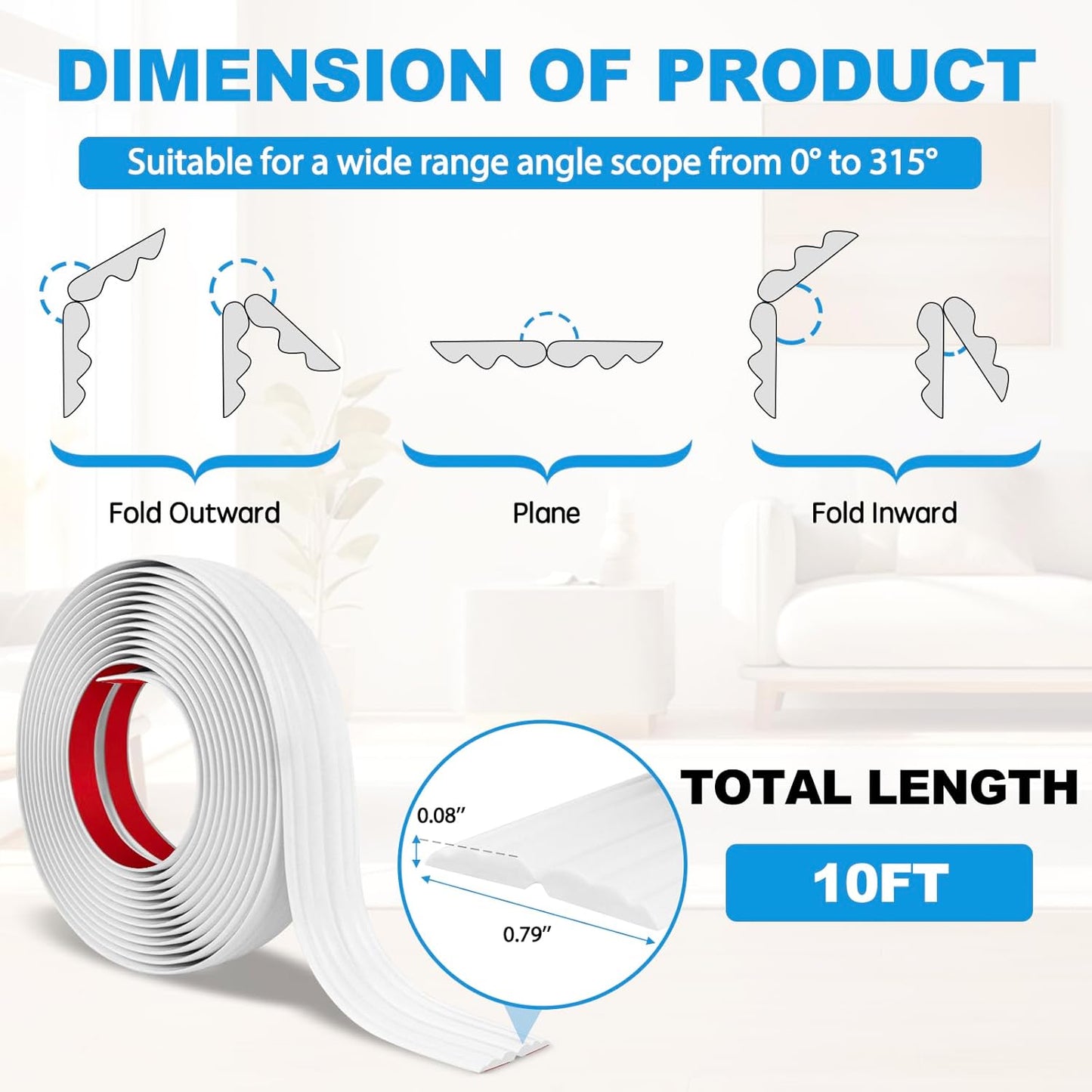 Wall Corner Protector Peel and Stick Corner Trim Molding Flexible Inside & Outside Wall Edge Guard Self Adhesive Moulding Trim for Edge Use, White, 0.8” W x 10’ L