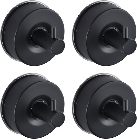 JOMOLA Stainless Steel Bathroom Suction Hooks - No Drill Adhesive-Free Wall Mount for Shower, Towel & Robe, Rustproof Metal Hardware with Damage-Free Grip, Matte Black (4-Pack)