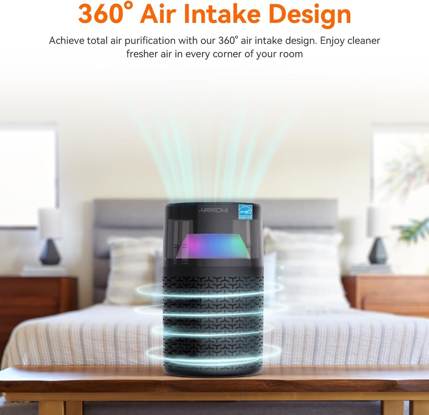 AIRROMI Air Purifiers for Bedroom Home,Up to 658 Ft²,Activated Carbon Filter Cleaner,With Fragrance Sponge for Better Sleep,Night Light,Pet Dander,Allergies,Smoke,Odor,Desktop Air Cleaner A2002 Black