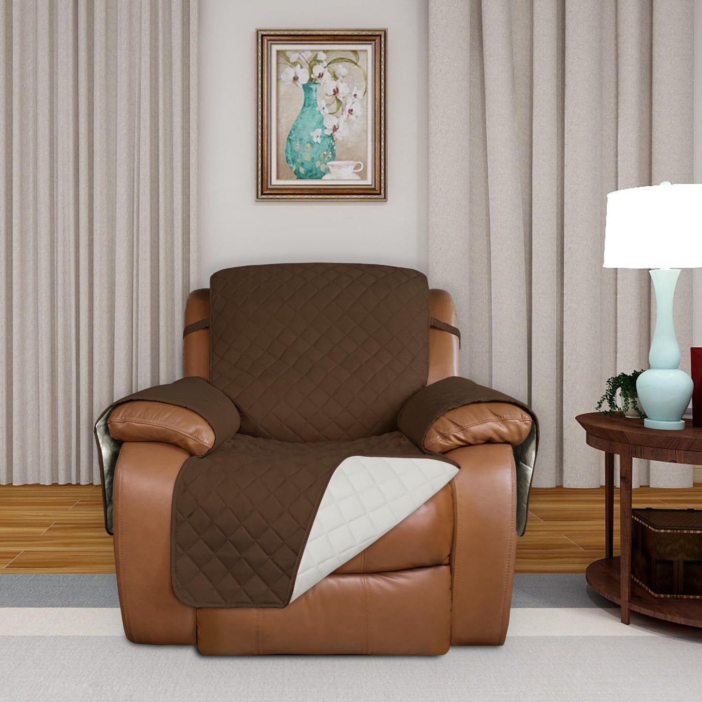 PureFit Reversible Quilted Sofa Cover, Water Resistant Furniture Protector, Washable Couch Cover with Non Slip and Elastic Straps for Kids, Dogs, Pets (Oversized Recliner, Coffee/Ivory)