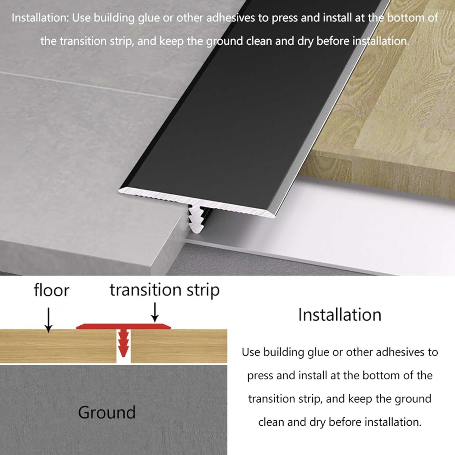 10Pcs Aluminum T Molding Floor Transition Strip, 48In Aluminum T Molding Trim, Floor Strip Floor Flat Divider Strip for Joining Floor Gaps, Threshold, Floor Tiles (Black, 4ft x 1.57in 10Pcs)