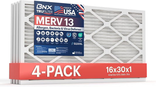 BNX TruFilter 16x30x1 Air Filter MERV 13 (4-Pack) - MADE IN USA - Electrostatic Pleated Air Conditioner HVAC AC Furnace Filters for Allergies, Pollen, Mold, Bacteria, Smoke, Allergen, MPR 1900 FPR 10