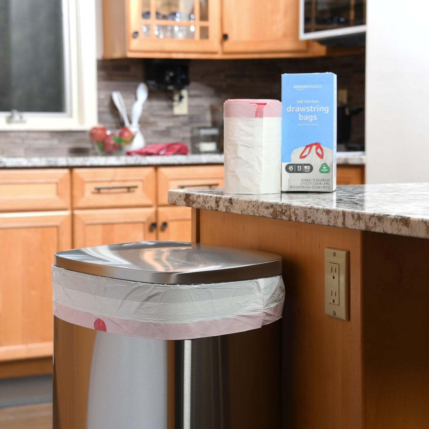 Amazon Basics 13 Gallon Tall Kitchen Drawstring Trash Bags, Clean Fresh Scent, 10% Post Consumer Recycled, 45 Count