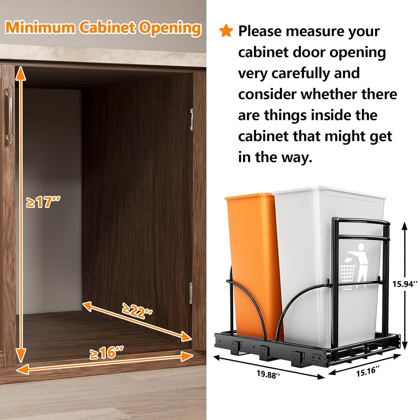 ANASTA Dual Pull Out Trash Can Under Cabinet Rack-No Can Included, Under Sink Trash Can Pull Out Fits Double 7-9 Gal/35 Qt*2 Commercial Trash Bin, Cabinet Garbage Can Required ≥16''Wx 17''Hx 22" D