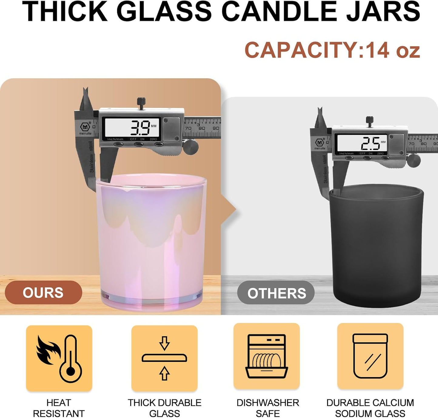 Thick Candle Jars for Making Candles 12 Pcs, 14 OZ Empty Jars with Wood Lids for Candle Making, Sample Container, Glitter Pink