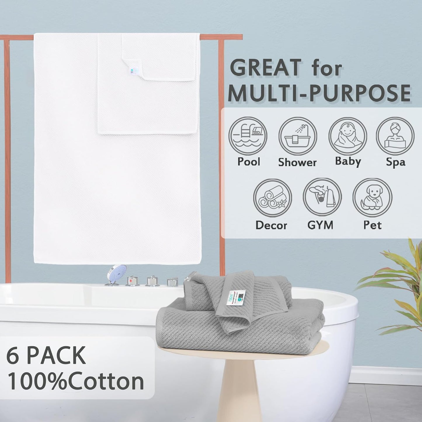 VOOVA & MOVAS Bathroom Towel Set - 100% Cotton | Soft | Quick Dry, Towel Set of 6, 2 Large Bath Towels 30"x56", 2 Hand Towels 18"x28", 2 Washcloths 13"x13", Bathroom Essentials, Grey and White