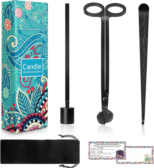 4 in 1 Candle Accessories Kit - Professional Wick Trimmer, Snuffer and Dipper with Velvet Pouch, Gift Package for Candle Lovers (Black)