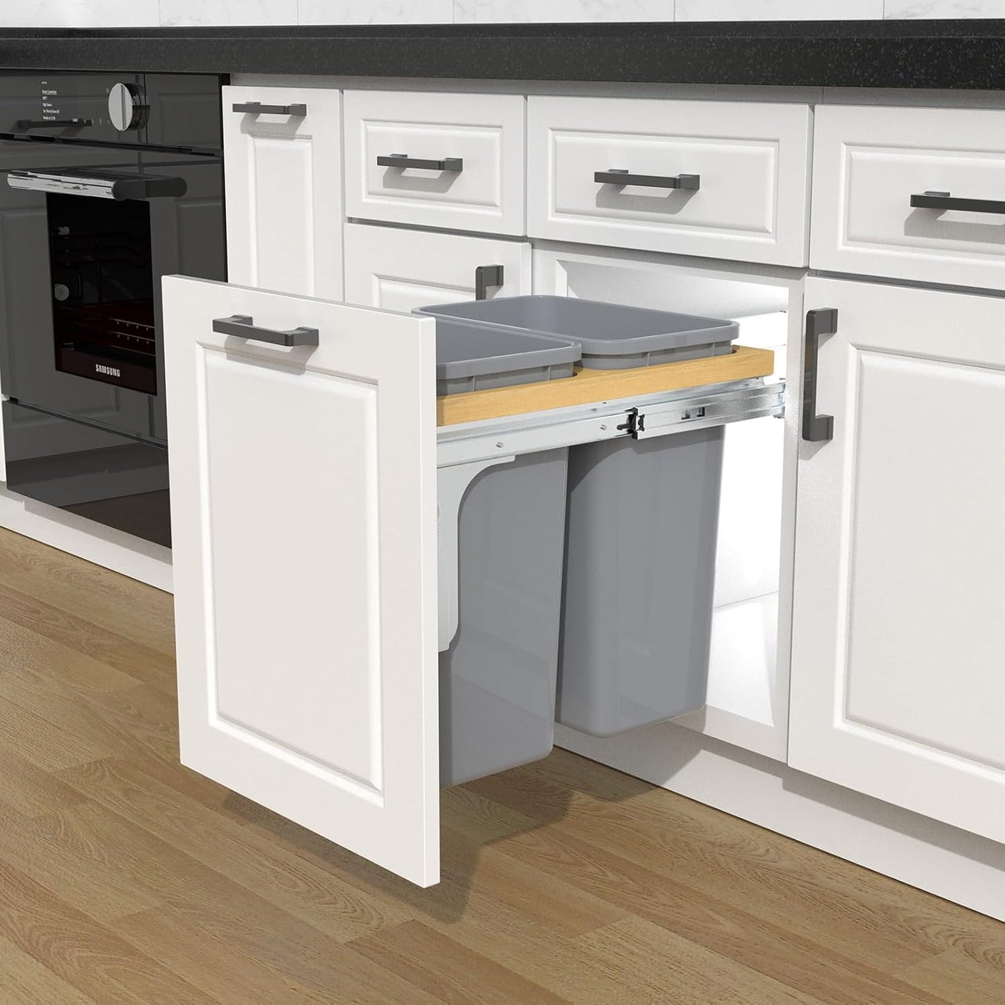 Double Pull Out Under Cabinet Trash Can 35 Qt Garbage Bin for 15" x 1.5" Face Frame, Grey -Only for 18" W*24" D Cabinet