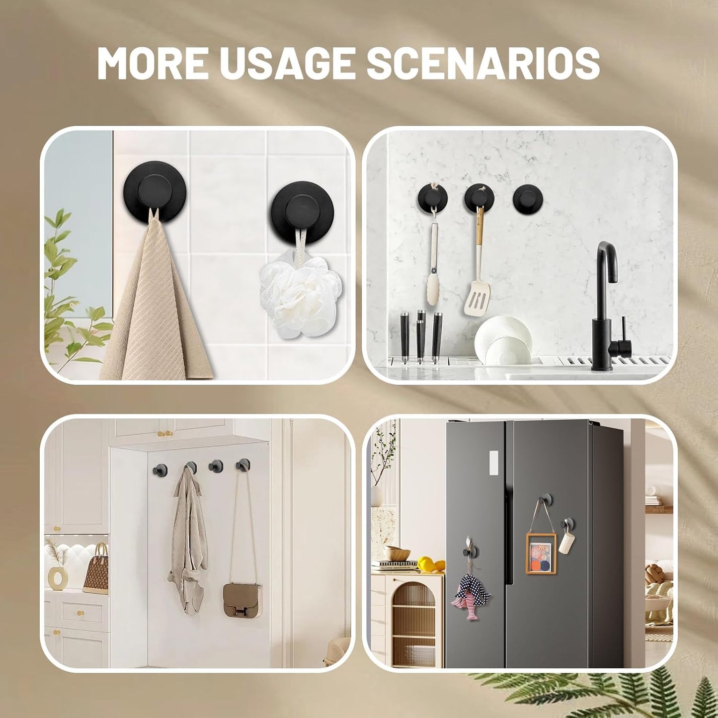 4 Pcs Suction Cup Hooks for Shower，Removable Hooks，Towel Hook，Suction Hook for Bathroom, Bedroom, Glass Window (Dark Grey)