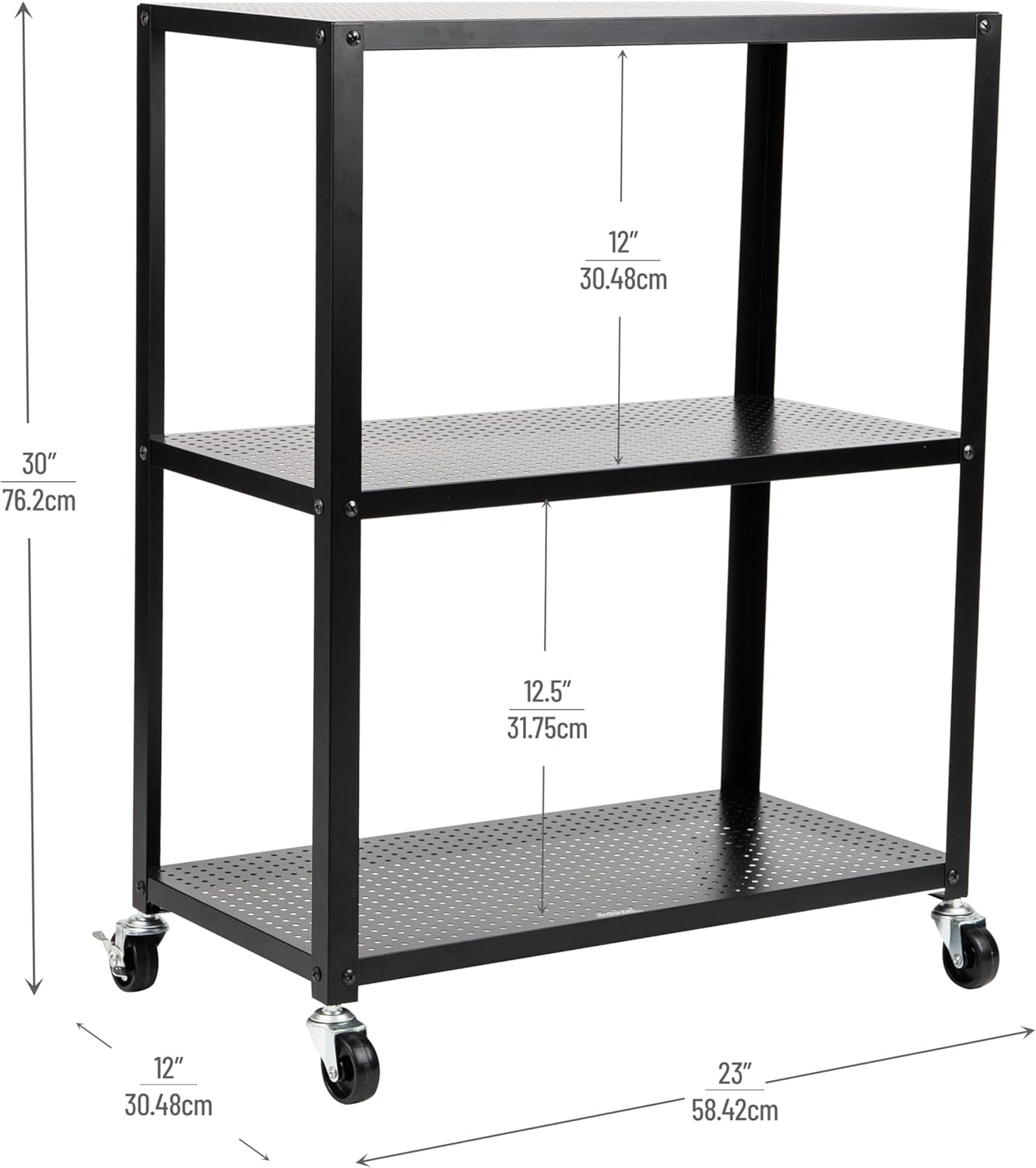 Mind Reader Rolling Cart, Rolling Cart, Microwave Stand, 3-Tier, Coffee Cart, Office, Metal, 23" L x 12" W x 30" H, Black