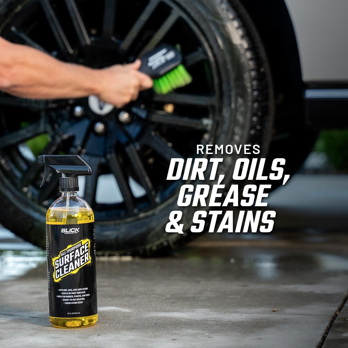 Slick Products All-Purpose Surface Cleaner – Interior & Exterior Vehicle Spray for Plastic, Vinyl, Rubber, Carpet & Upholstery – Ready-to-Use Formula with Fresh Lemon Scent – 16 oz.