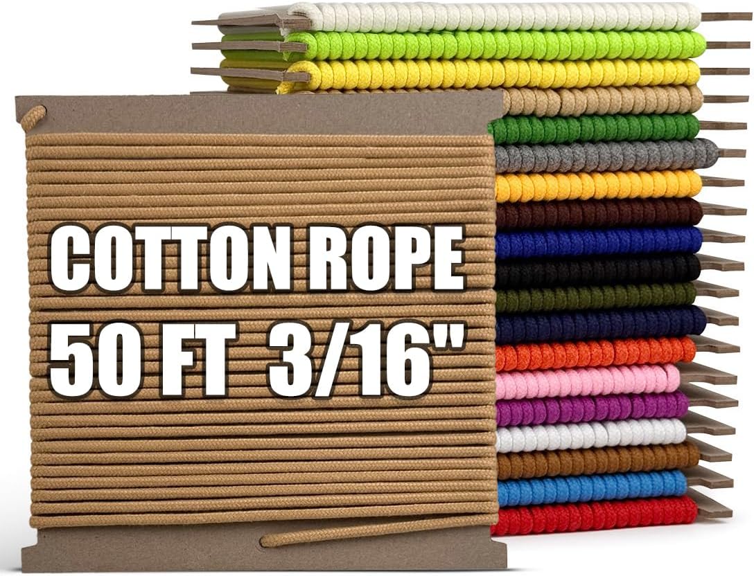 PerkHomy 500lb Cotton Rope 3/16" (5mm) 50 ft Multi Purpose Utility Diamond Braided Cord, Natural Cotton for Clothes Line Camping Crafting Flag Pole, Khaki