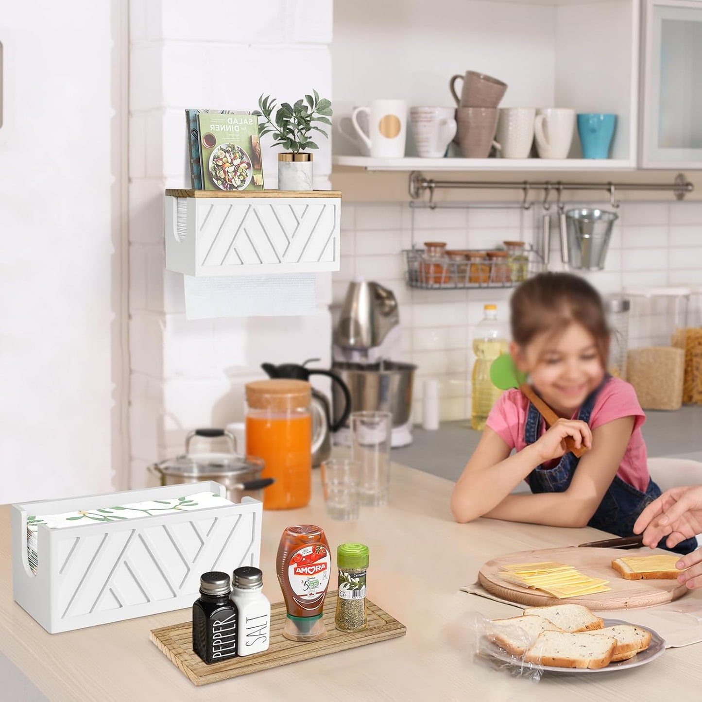 Set of 2 Paper Towel Dispenser Wall Mount, Paper Towel Holder Wall Mounted with Lid, Solid Wood Commercial C-Fold, Z-Fold, Trifold Hand Paper Towel Holder Hand Towel Holder for Bathroom Kitchen Decor