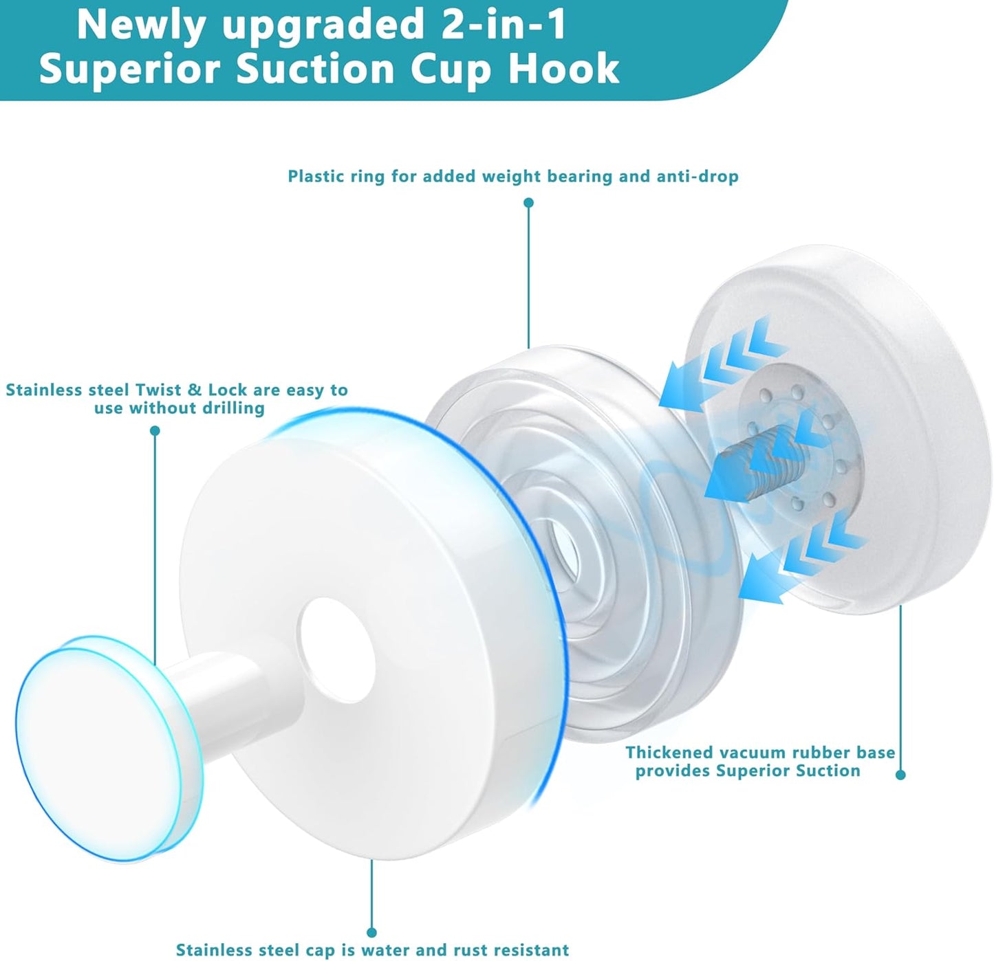 Suction Cup Hooks for Shower,Removable No Drill Towel Hooks,Upgraded 15 lbs Strong Suction hooks for Bathroom Tile,Shower Wall,Glass Door,Kitchen-Loofah,Coat,Stainless Waterproof-White 4 Pcs