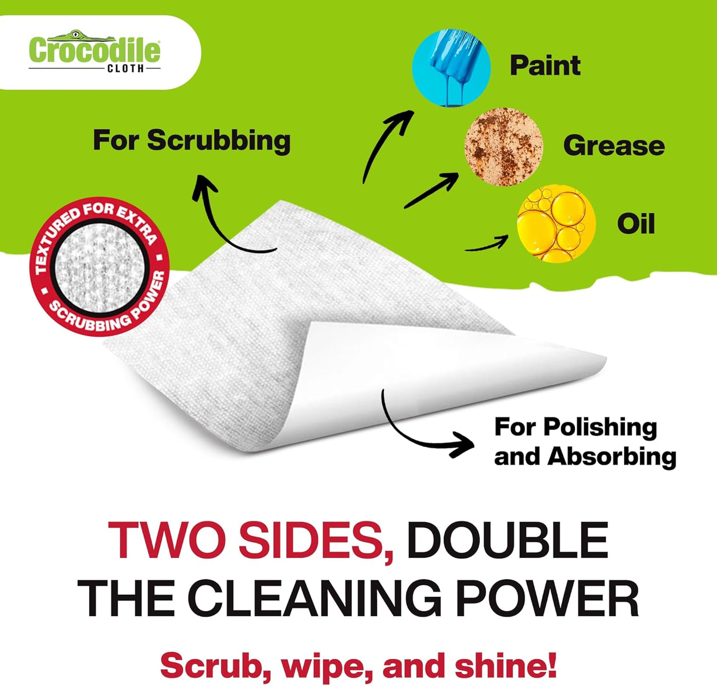 Crocodile Cloth PowerSCRUB Cleaning Wipes – 80 (15" x 10") Dual-Surface Cloths, Heavy-Duty, Moist, Absorbent, & Disposable - Safe on Skin & Multiple Surfaces