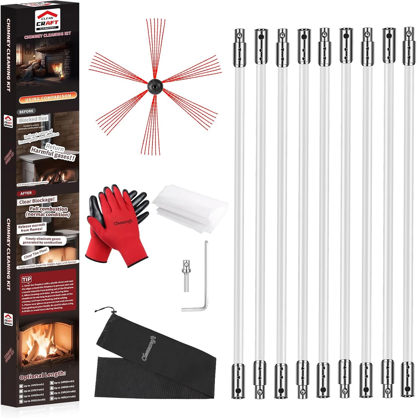 30 Feet Chimney Sweep Kit, Chimney Cleaning Kit with 9 Flexible White Chimney Rods, Chimney Brush for Sweeping Fireplace, Rotary Chimney Cleaning System Driven by Drill