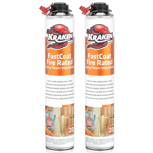 Kraken Bond Fastcoat Fire Rated Spray Foam Insulation Kit Closed Cell in a Can 40 sq ft (2x27.1 oz.) (R-Value 11.32 / 2in) - Spray Foam for Garage Door, Attic, Wall Gun & Cleaner Not Included, 2 Pack