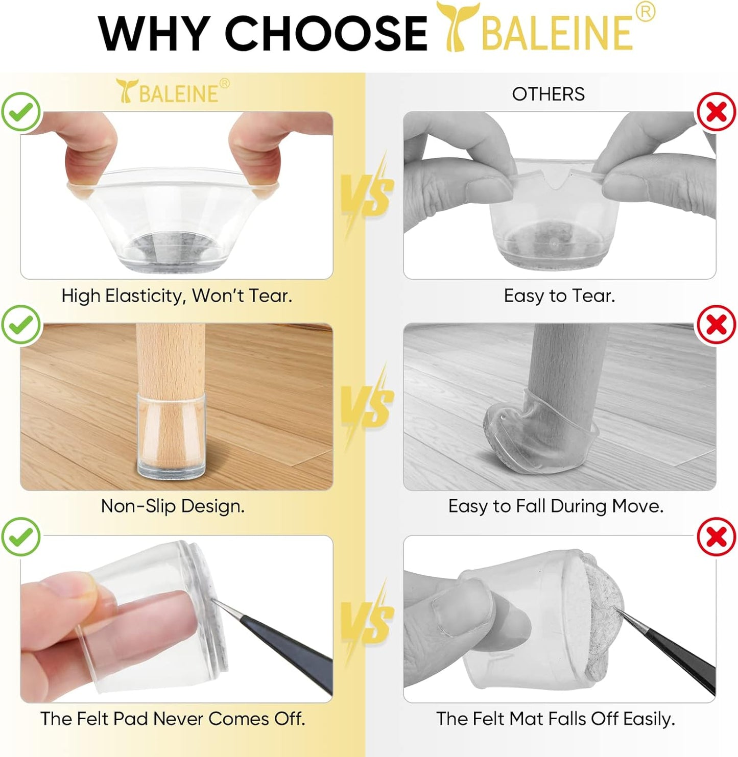 BALEINE 24 Pack Silicone Chair Leg Floor Protectors, Stool Leg Protectors Cap, Non-Slip Chair Leg Caps for Hardwood Floors (Clear & Large, 24 Pack)