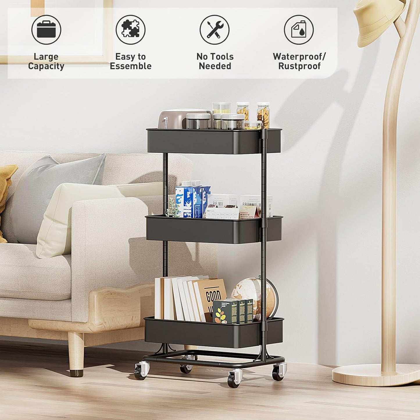 3 Tier Modern Metal Rolling Tool Cart with Silent Casters, 17.72×12.40×35.04 inch Heavy Duty Organization Truck Trolley Organizer for Office, Living Room, Kitchen, (Black)