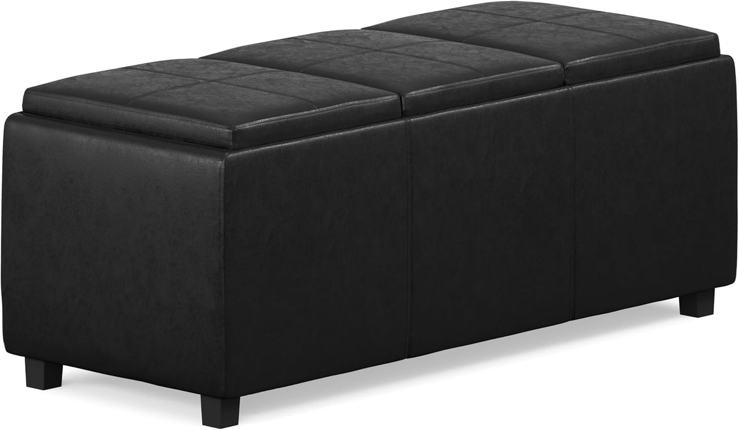 SIMPLIHOME Avalon 42 inch Wide Contemporary Rectangle Storage Ottoman in Distressed Black Vegan Faux Leather, Assembled, For the Living Room, Entryway and Family Room