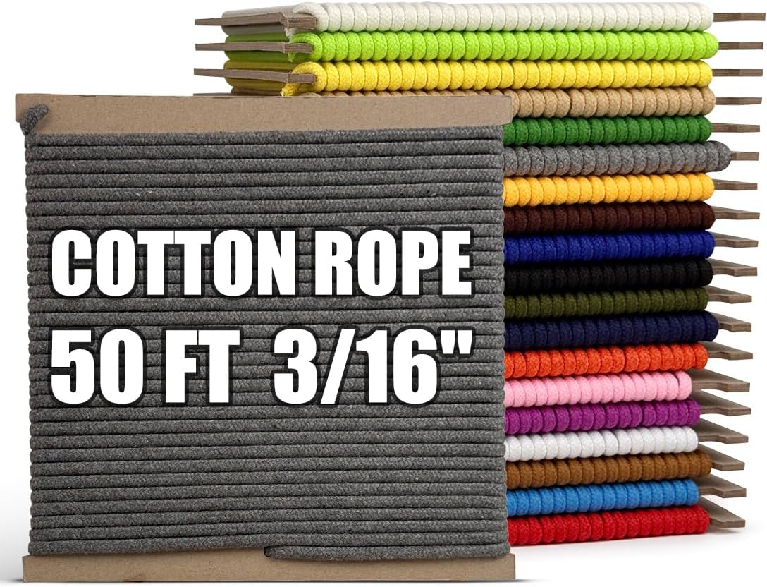 PerkHomy Cotton Rope 3/16" (5mm) 50 ft Multi Purpose Utility Diamond Braided Cord, Natural Cotton for Clothes Line Camping Crafting Flag Pole, Grey