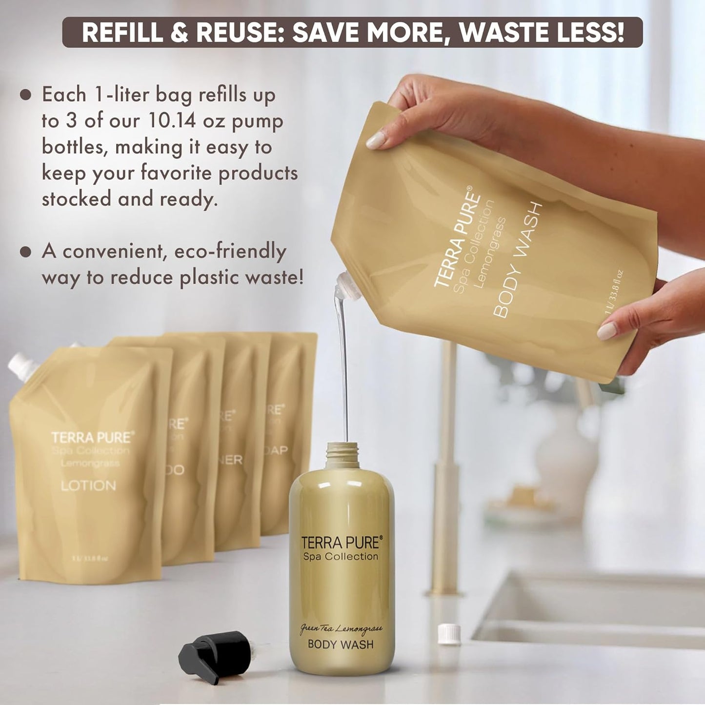 Terra Pure Spa Collection 1 Liter Body Wash Refill Bag For Soap Dispensers | Bulk Toiletries for Vacation Rentals, and Home Bathroom Showers | Green Tea Lemongrass | Single
