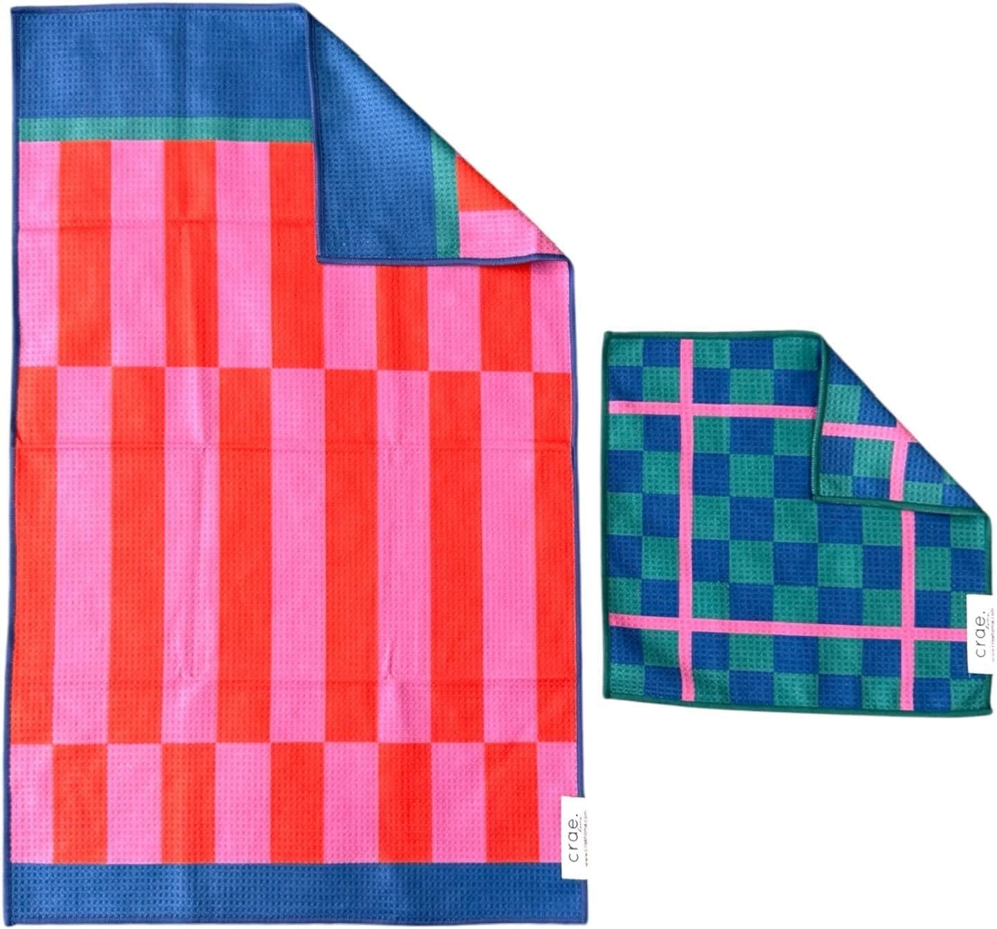 Microfiber Hand Towel & Washcloth Set of 2 - Double-Sided, Waffle Weave, Super Absorbent, Lint-Free, Fast Drying - Stars & Stripes Pattern for Bathroom, Kitchen, Car, and Window Cleaning