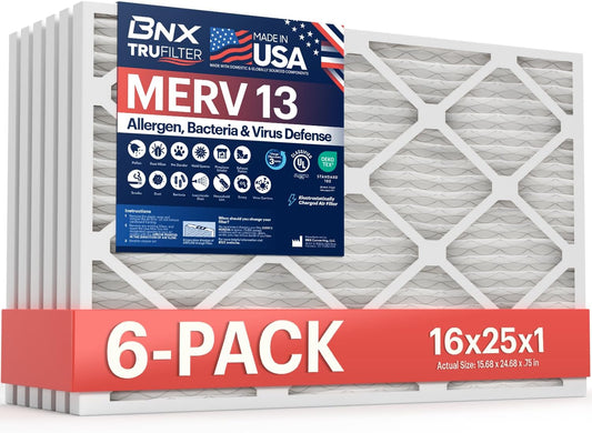 BNX TruFilter 16x25x1 Air Filter MERV 13 (6-Pack) - MADE IN USA - Electrostatic Pleated Air Conditioner HVAC AC Furnace Filters for Allergies, Pollen, Mold, Bacteria, Smoke, Allergen, MPR 1900 FPR 10