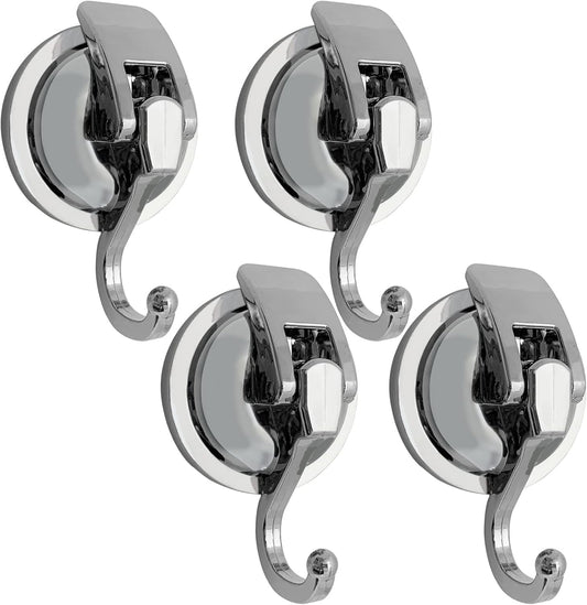 Suction Cup Hooks - Heavy Duty Glass, Reusable, No Hole Punched, for Bathroom Robe & Garland (Silver, 4 Pack)