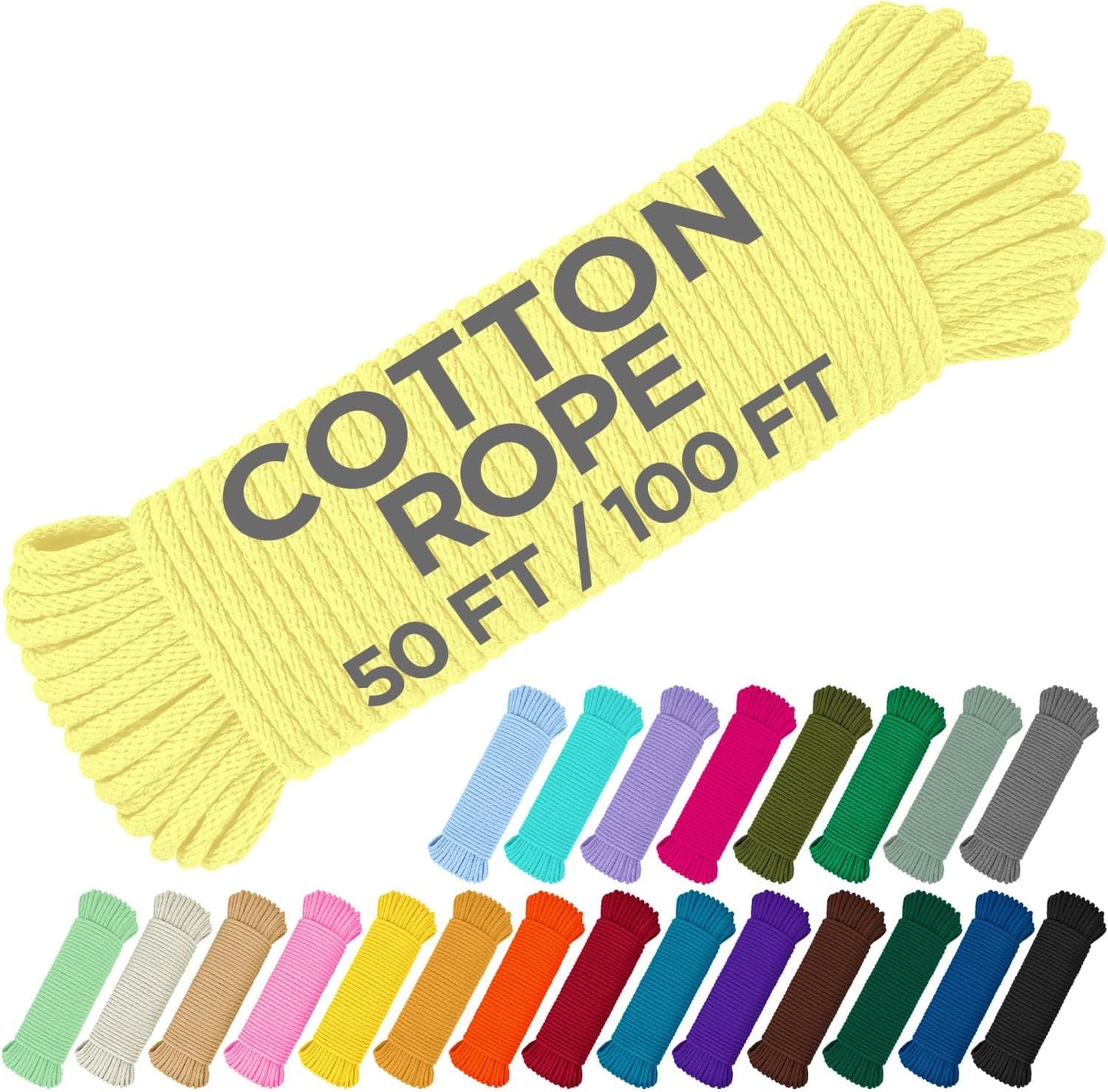 TECEUM Cotton Rope 3/16” (5 mm) – 50 FT – Strong All-Purpose Braided Rope – Natural Cotton – for Crafting, Сamping, Clothes Line, DIY, Indoor & Outdoor Use – Pastel Yellow