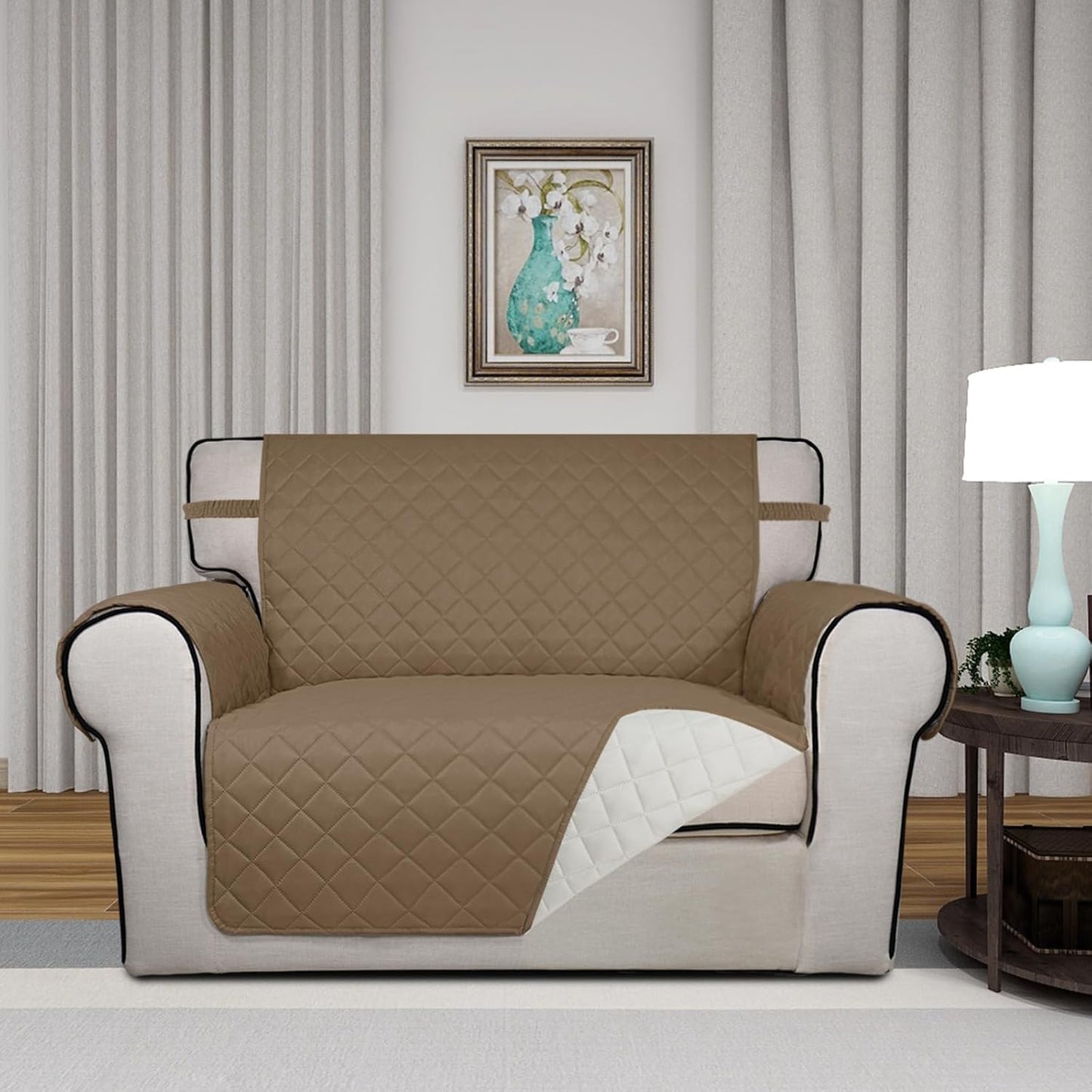 PureFit Reversible Quilted Sofa Cover, Water Resistant Slipcover Furniture Protector, Washable Couch Cover with Non Slip and Elastic Straps for Kids, Dogs, Pets (Oversized Chair, Camel/Ivory)