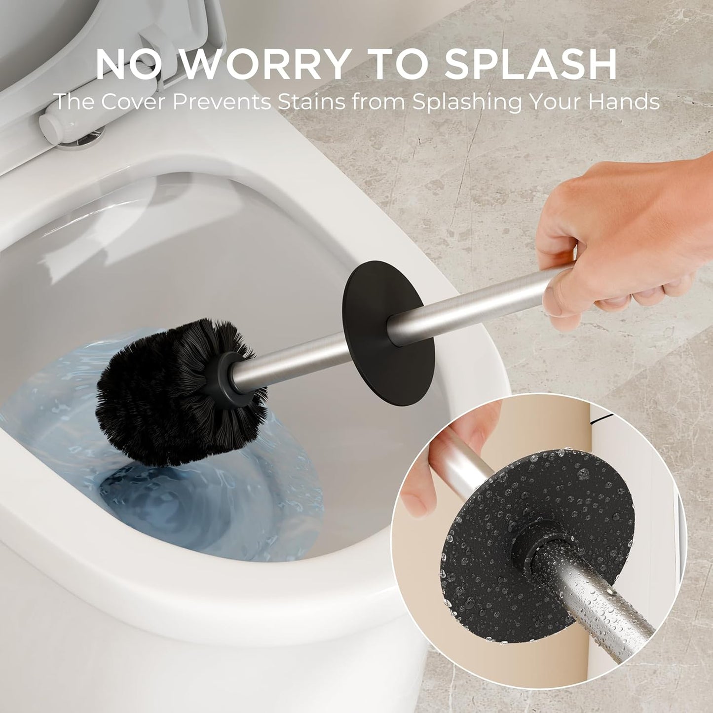 FORIOUS Toilet Brush and Holder Set, Heavy Duty 304 Stainless Steel Base Square and Long Handle for Bathroom Deep Cleaning, Drip-Proof, Space Saving for Storage, 2 Toilet Bowl Brush Head