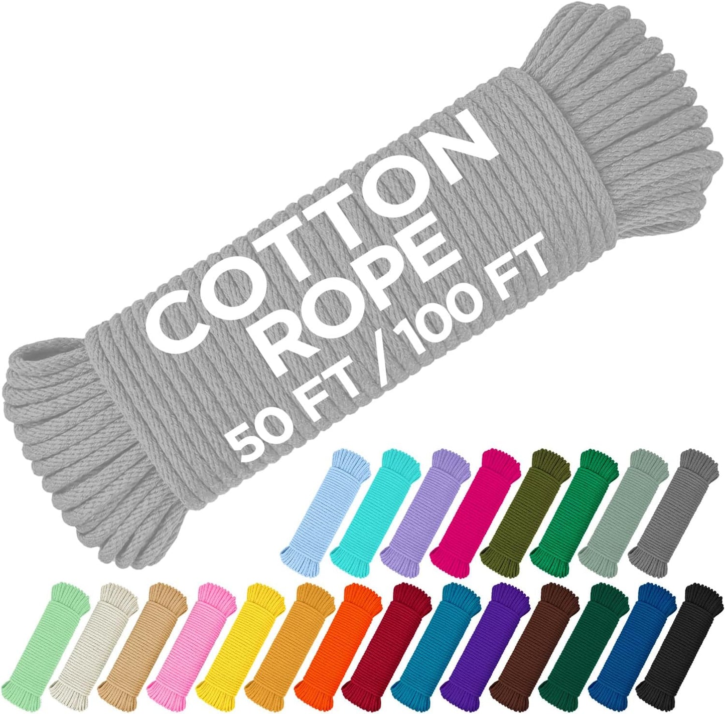 TECEUM Cotton Rope 3/16” (5 mm) – 50 FT – Strong All-Purpose Braided Rope – Natural Cotton – for Crafting, Сamping, Clothes Line, DIY, Indoor & Outdoor Use – Light Gray