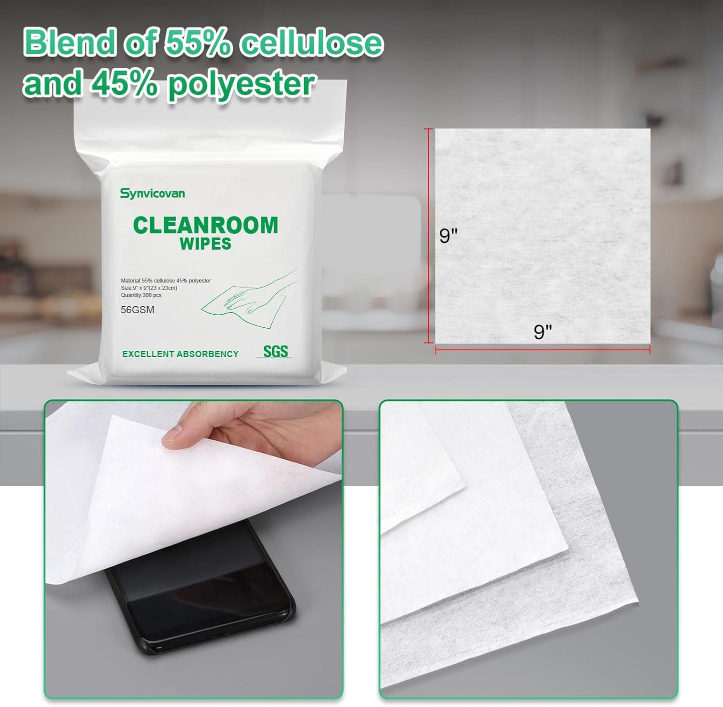 Cleanroom Wipes 9"x9" (300 Pcs, Cellulose/Polyester Blend, Grade B, 56GSM) Lint Free Wipes for Laboratory, Electronics, Pharmaceutical,Printing,Automotives and Semiconductor Industries