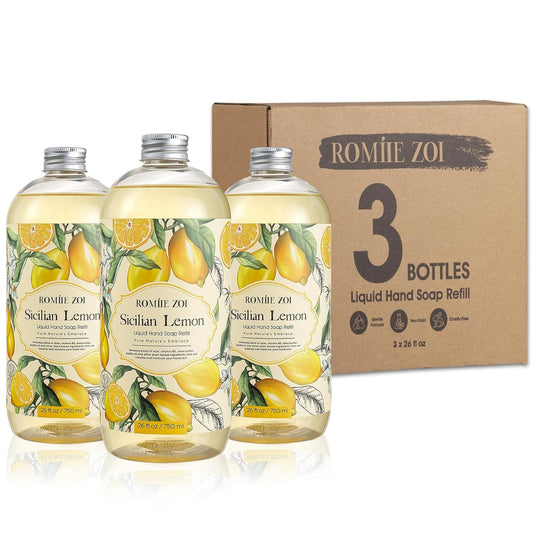 ROMIIE ZOI Lemon Scent Liquid Hand Soap Refills - Natural, Gentle & Moisturizing Formula - Family Size 3 Pack, Ideal for Liquid Soap Dispensers in Kitchen & Bathroom