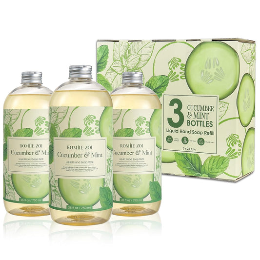 ROMIIE ZOI Liquid Hand Soap Refills Gift Set – Cucumber & Mint Scent – 3 Pack (26 Fl Oz Each) – Cruetly Free, Biodegradable, Moisturizing & Gentle Refill For Kitchen, Bathroom & Sensitive Skin