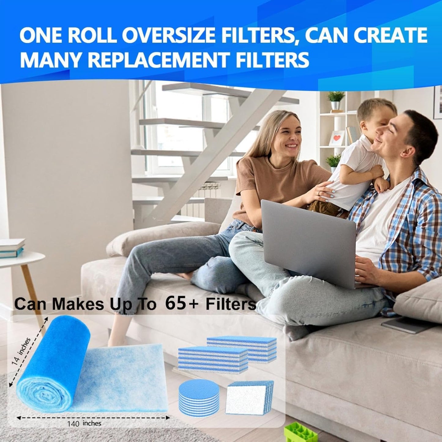 14" x140" Air Vent Filters, Cut to Fit Air Filter (65+ Filters), MERV 8 Triple Vent Filter for Home Floor, Ceiling, RV, HVAC Furnace Vents, With Adhesive Hook Tape and Installation Tape