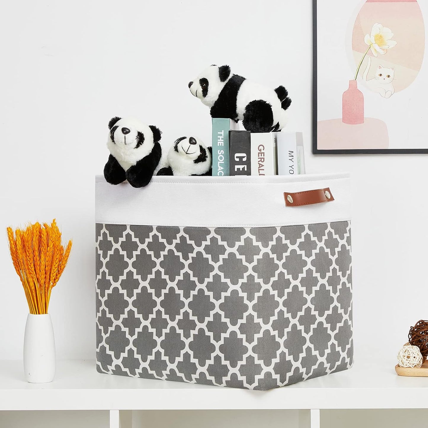 DULLEMELO Storage Baskets Large 17"x12"x15" Foldable Rectangular Storage Bins Baskets for Organizing [2 Pack] Fabric Nursery Storage Baskets for Home,Office,Closet,Clothes,Toys (White&Lattice Grey)