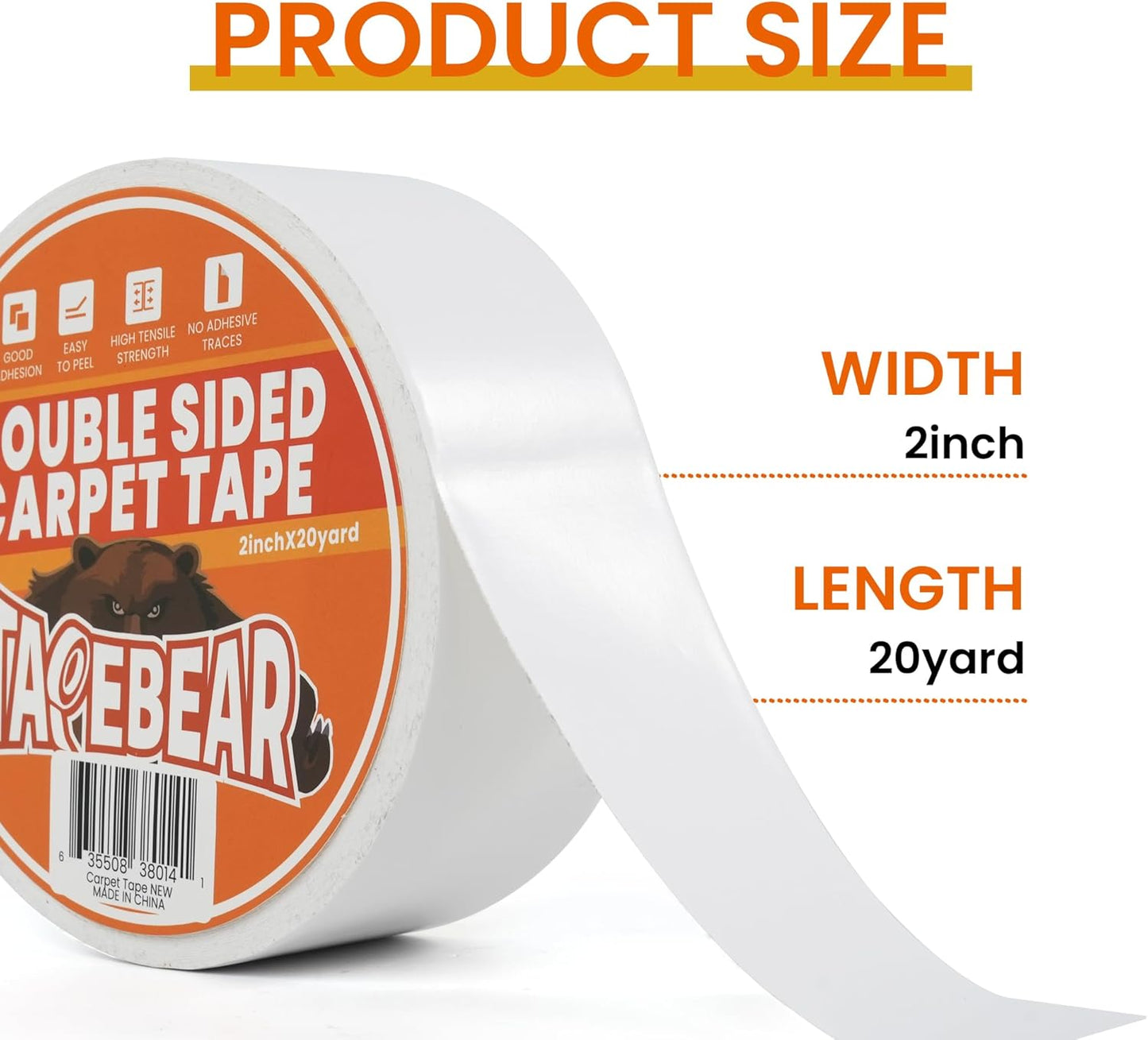 TAPEBEAR Double Sided Carpet Tape 2Inch x 20Yards x 2Rolls, Heavy Duty Rug Tape Residue-Free Carpet Gripper for Area Rugs, Wood, Floor, Multipurpose Gripper Non Slip Tape, White