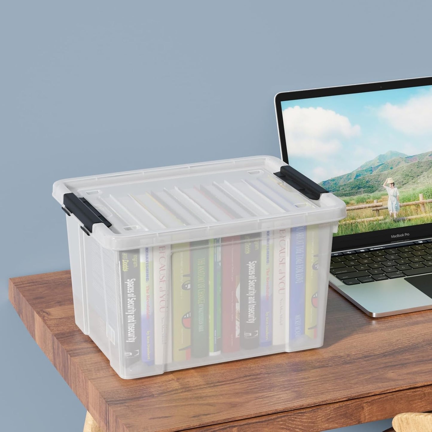 Set of 4 Plastic Latch Storage Bins with Wheels, 23 L Clear Latch Boxes with Stackable Lids