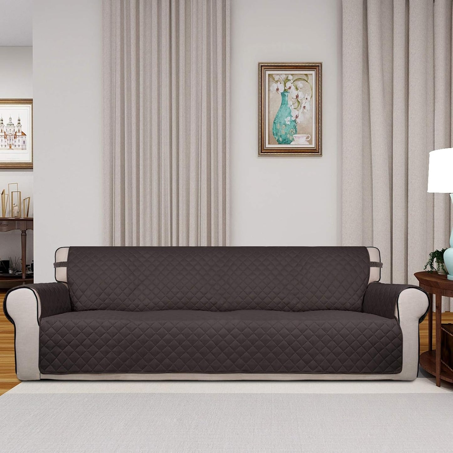 PureFit Reversible Quilted Sofa Cover, Water Resistant Slipcover Furniture Protector, Washable Couch Cover with Non Slip and Elastic Straps for Kids, Dogs, Pets (XX Large, Chocolate/Chocolate)